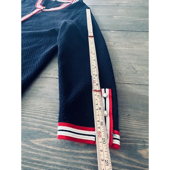 Talbots Navy Textured Knit Cardigan Red White Trim Pearl Button Women's Size M - Picture 10 of 11